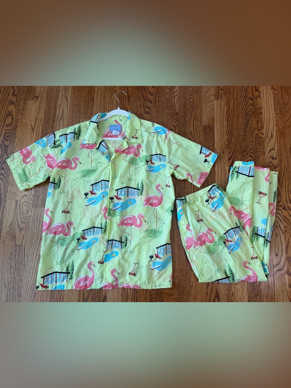 Nick & Nora Backyard Flamingo Pool BBQ 2-PC Pajama Set 100% Cotton Sleep Size XL